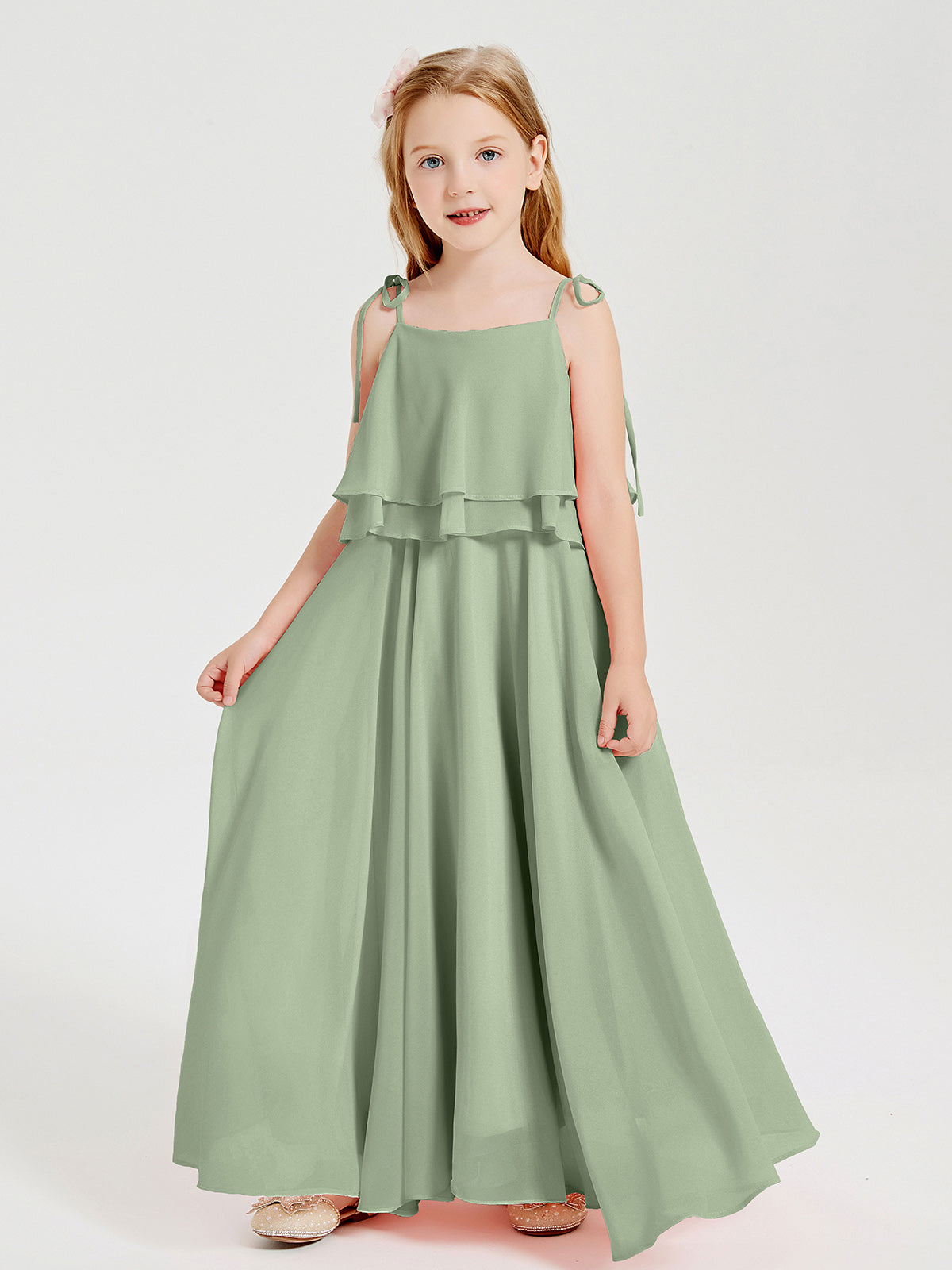 Chiffon Junior Bridesmaid Dresses Long Cascading Skirt Dusty Sage